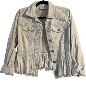 CHICOS White lace ruffled button up jean jacket Size Small